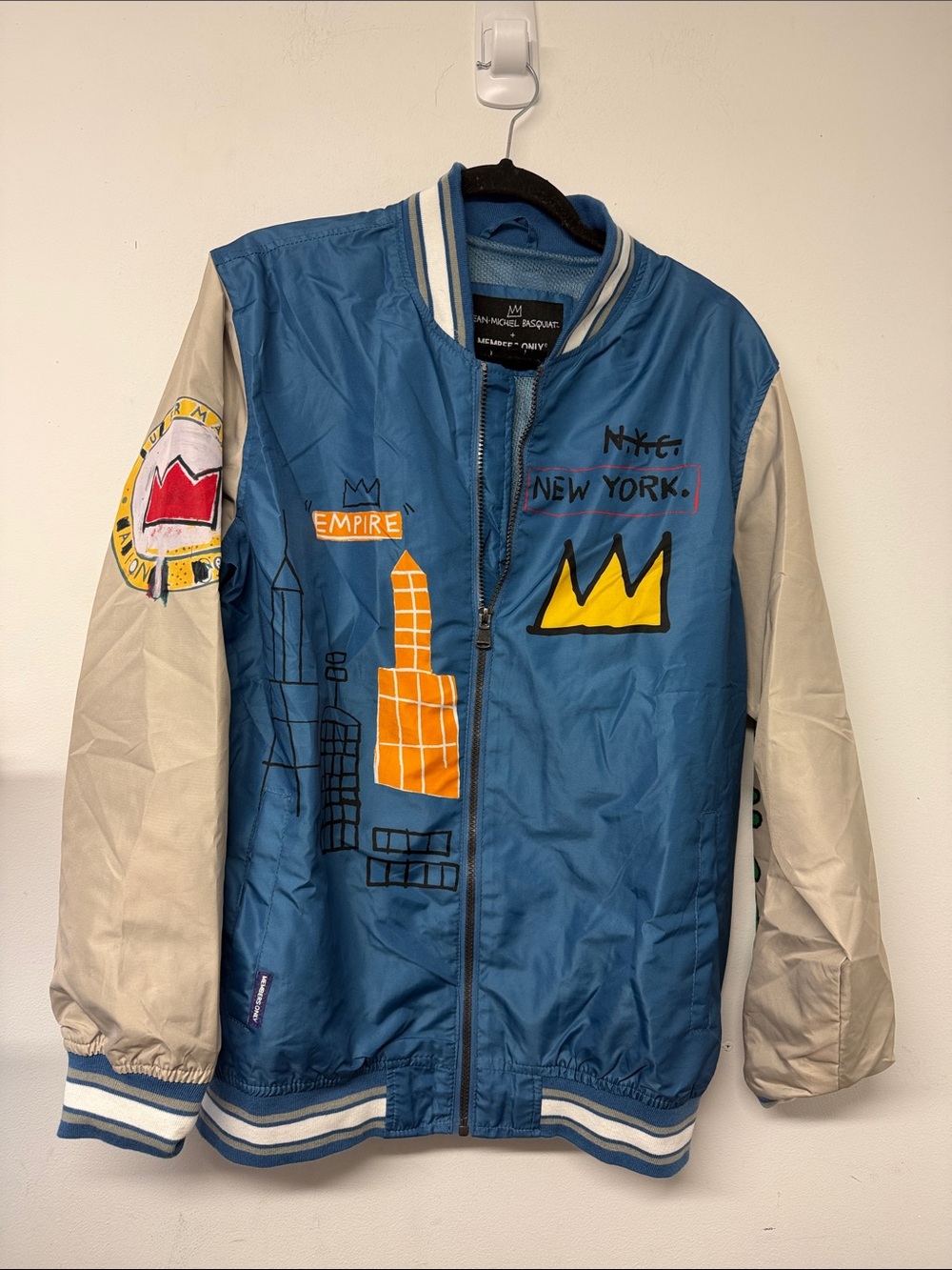 Members Only Blue and Cream Graphic City Bomber Jacket